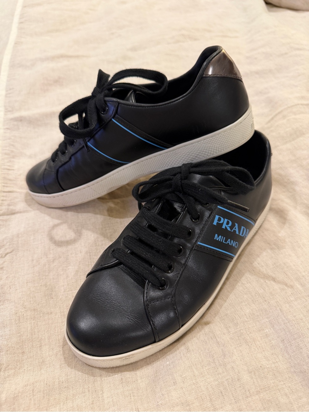 Prada Black Leather Low-Top Sneakers with Blue Accents
